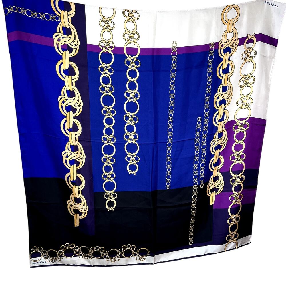 Carlisle Vintage 100% Silk Scarf Square Gold Chain Print Graphic Blue Purple